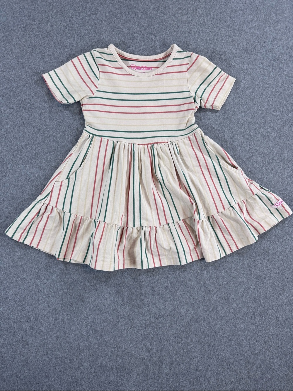 Ruffle Butts Cream Twirl Dress with Red & Green Stripes